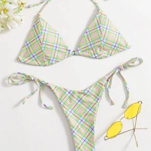 Tartan Plaid Halter Tie Side Bikini Set